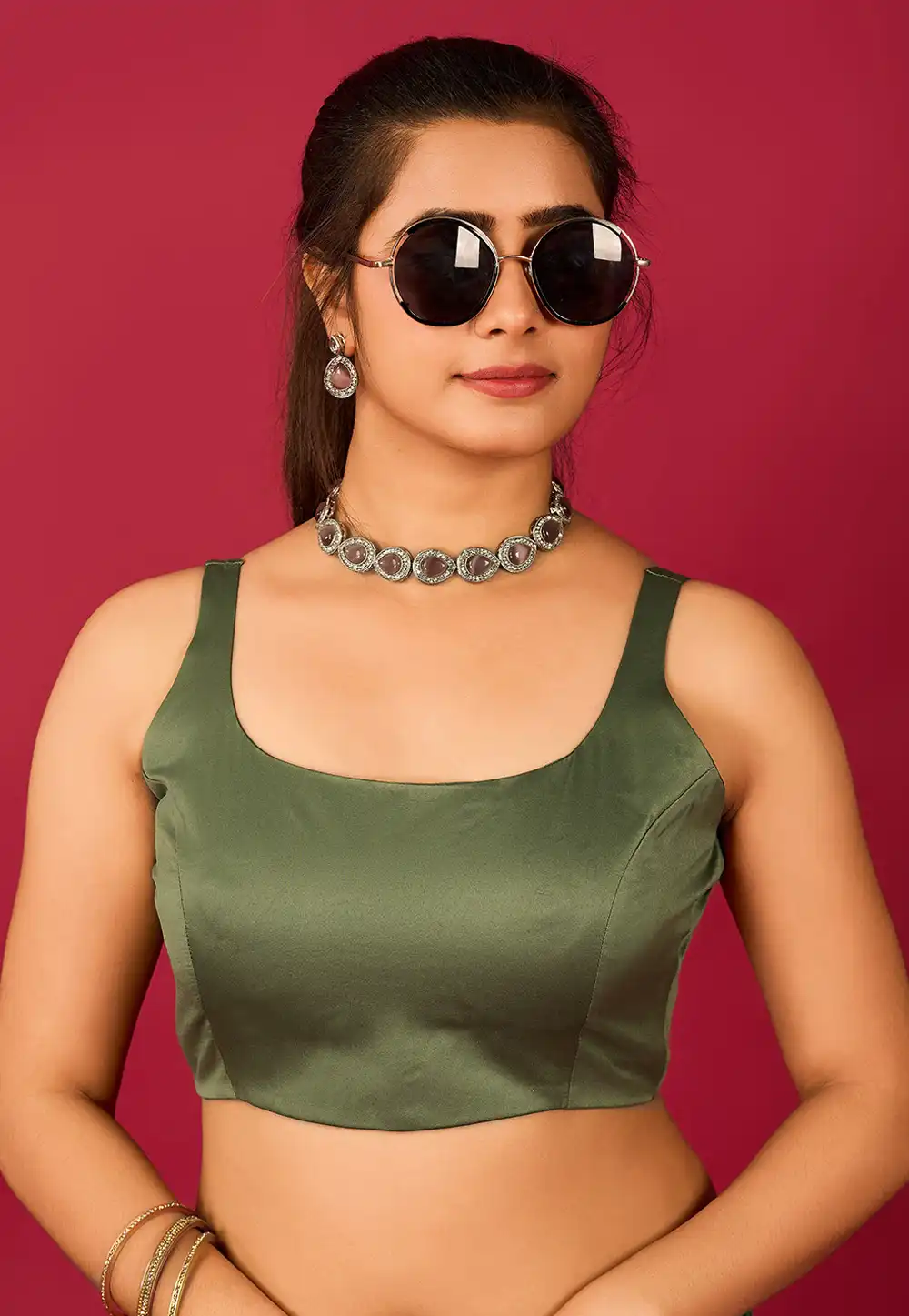 Camo Green Satin Readymade Blouse 285324