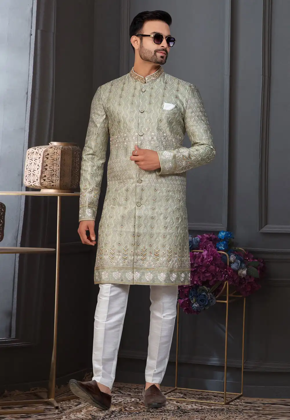 Camo Green Silk Indo Western Suit 317882