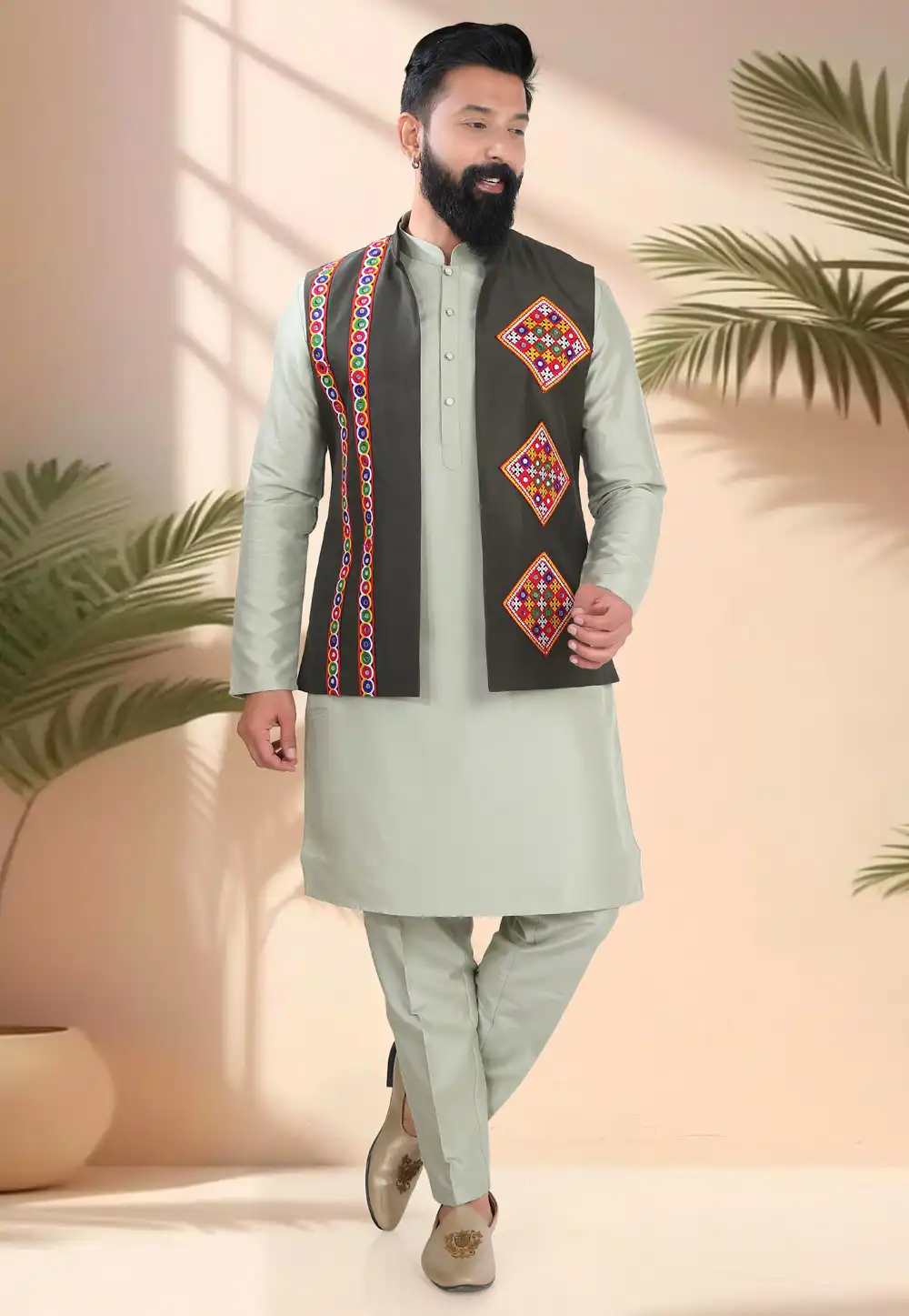 Camo Green Silk Navratri Kurta Pajama With Jacket 316327