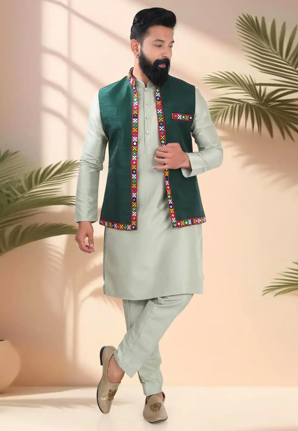 Camo Green Silk Navratri Kurta Pajama With Jacket 316328