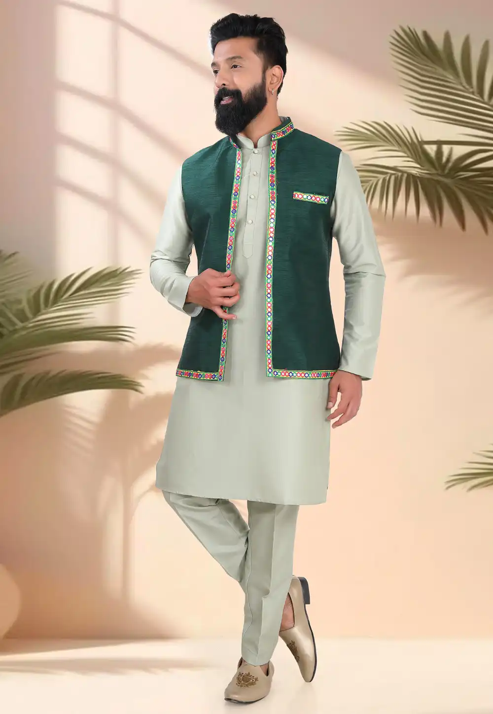Camo Green Silk Navratri Kurta Pajama With Jacket 316329
