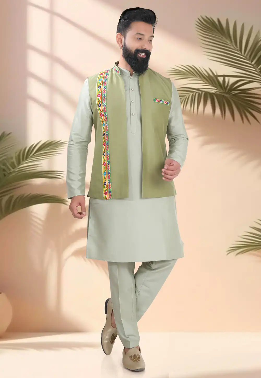 Camo Green Silk Navratri Kurta Pajama With Jacket 316330