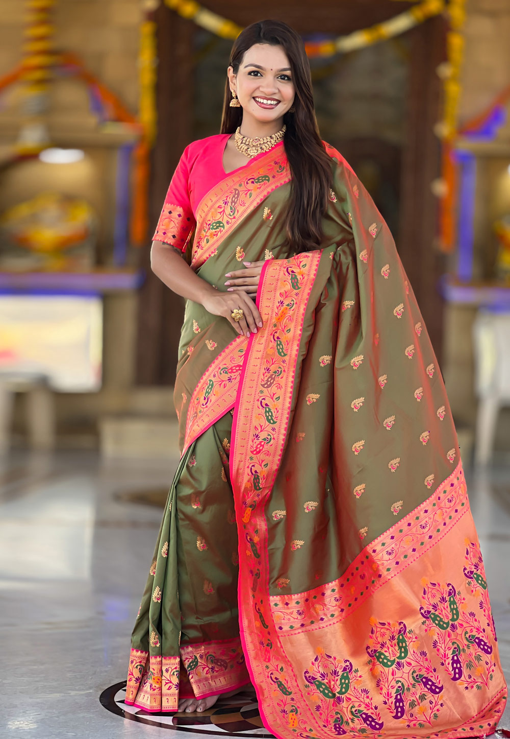 Camo Green Silk Paithani Saree 323600