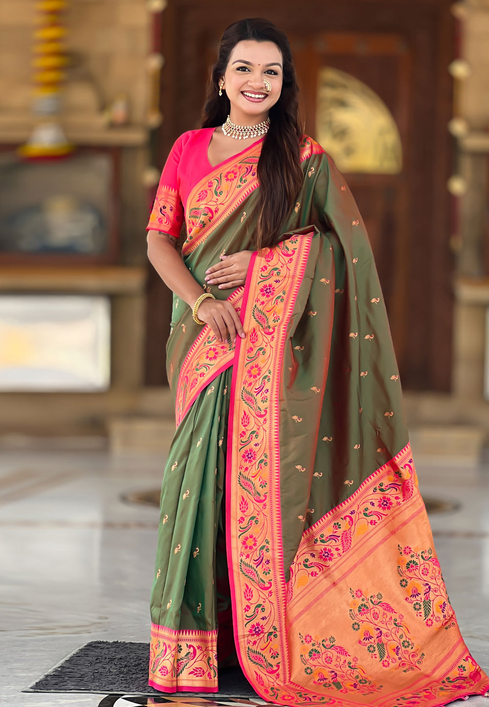 Camo Green Silk Paithani Saree 323605