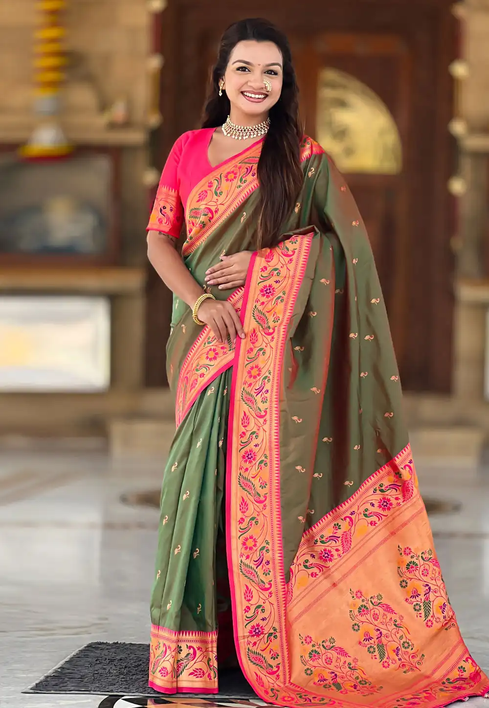 Camo Green Silk Paithani Saree 323605