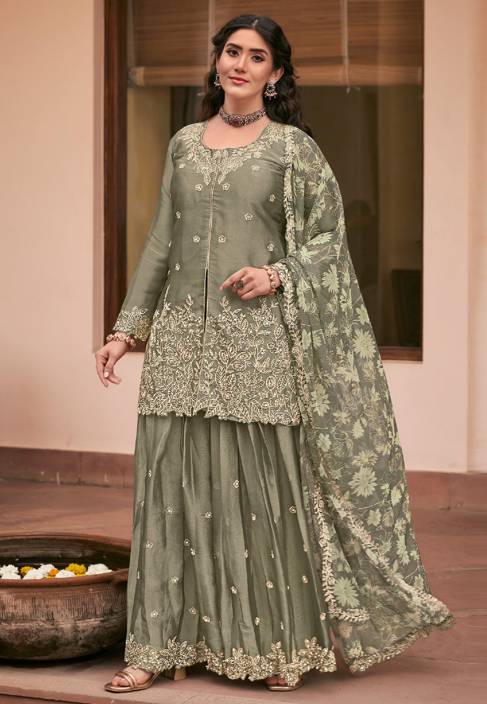 Camo Green Silk Pakistani Suit 325939