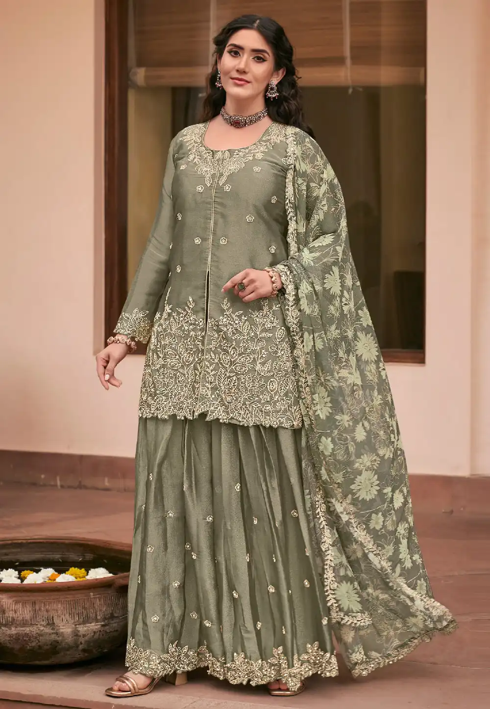Camo Green Silk Pakistani Suit 325939