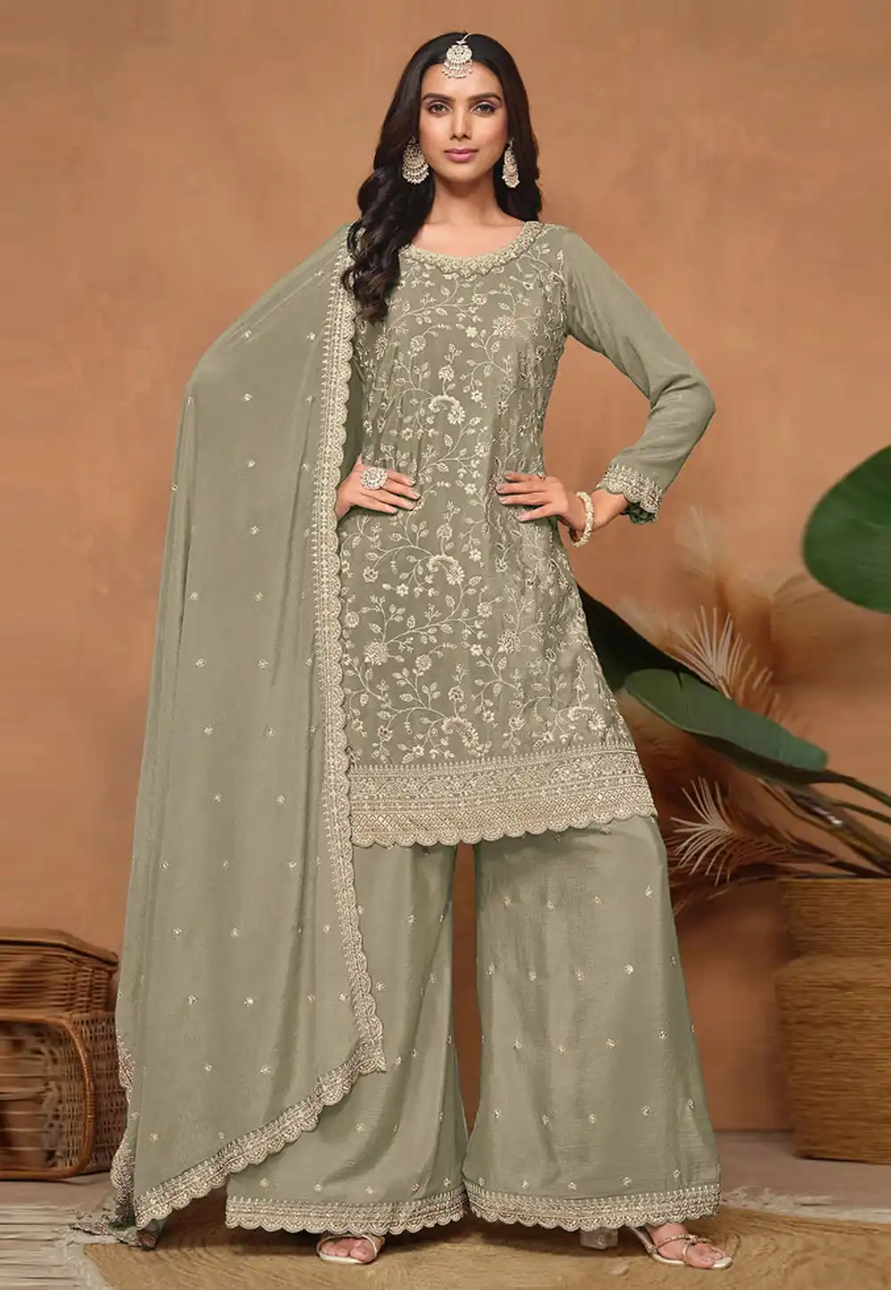 Camo Green Silk Palazzo Suit 328543