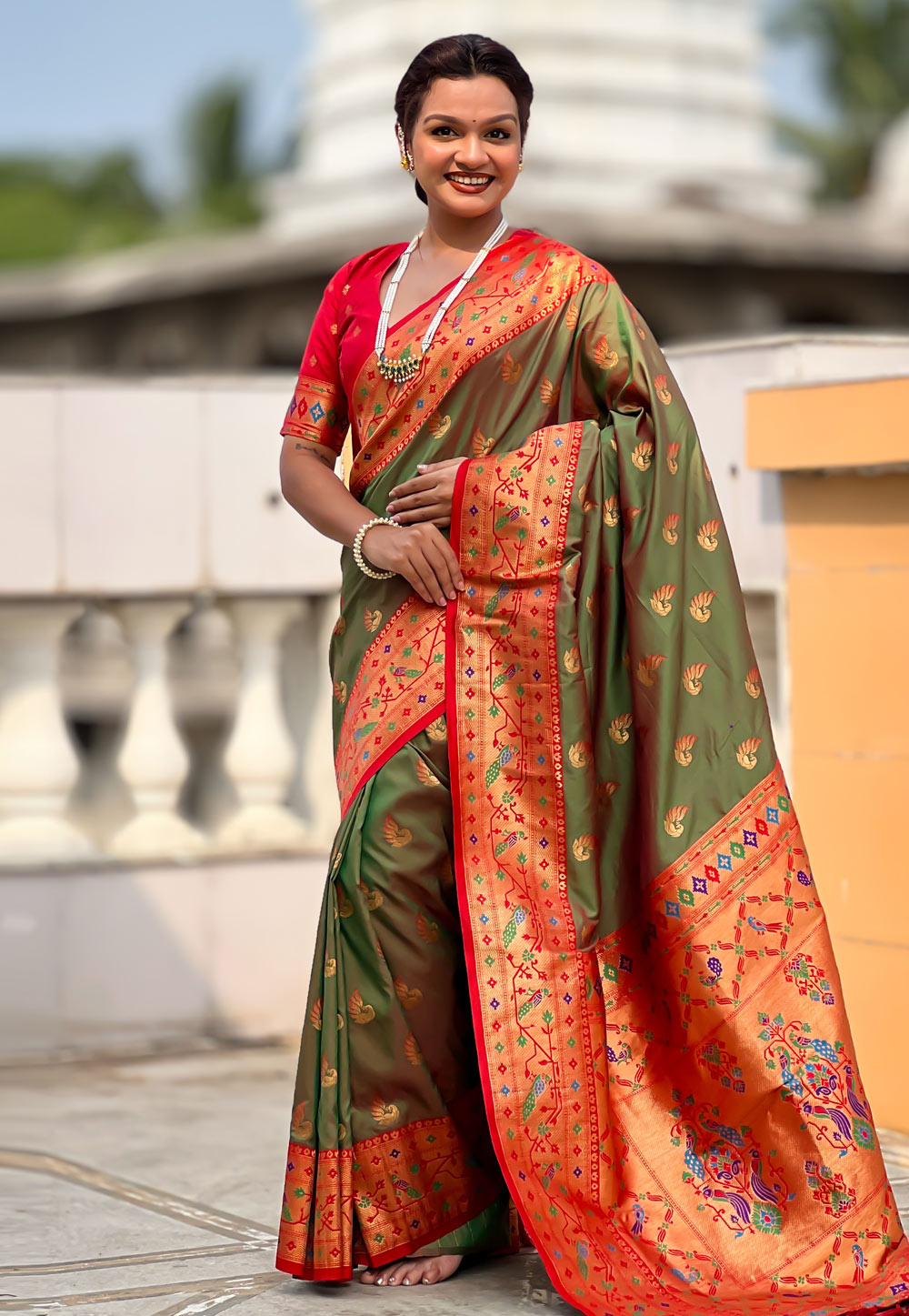 Camo Green Silk Saree With Blouse 321977