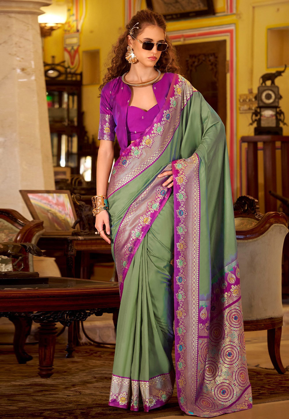Camo Green Silk Saree With Blouse 326851