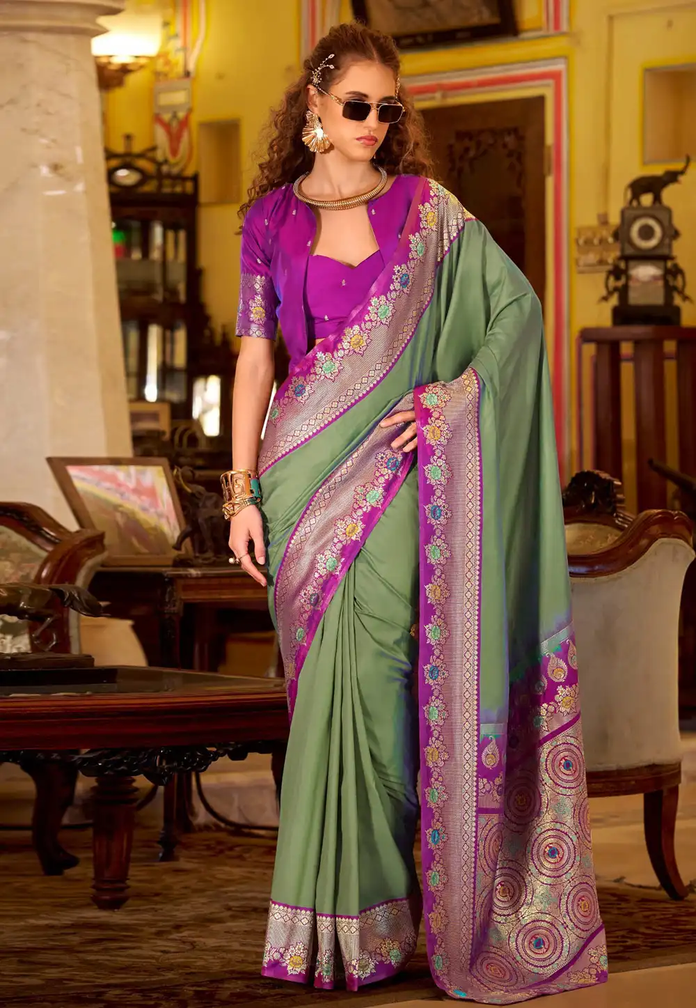 Camo Green Silk Saree With Blouse 326851