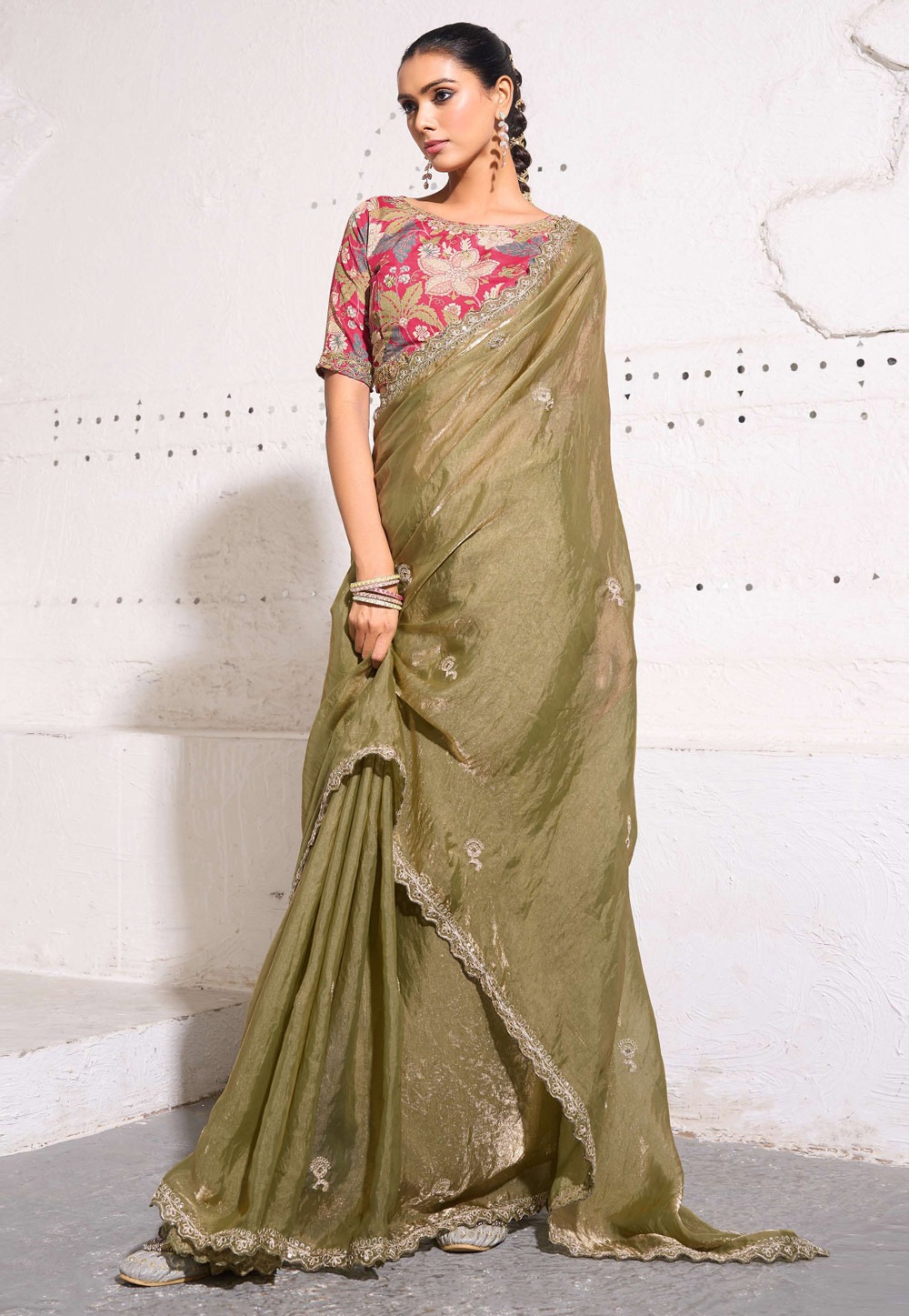 Camo Green Silk Saree With Blouse 310286