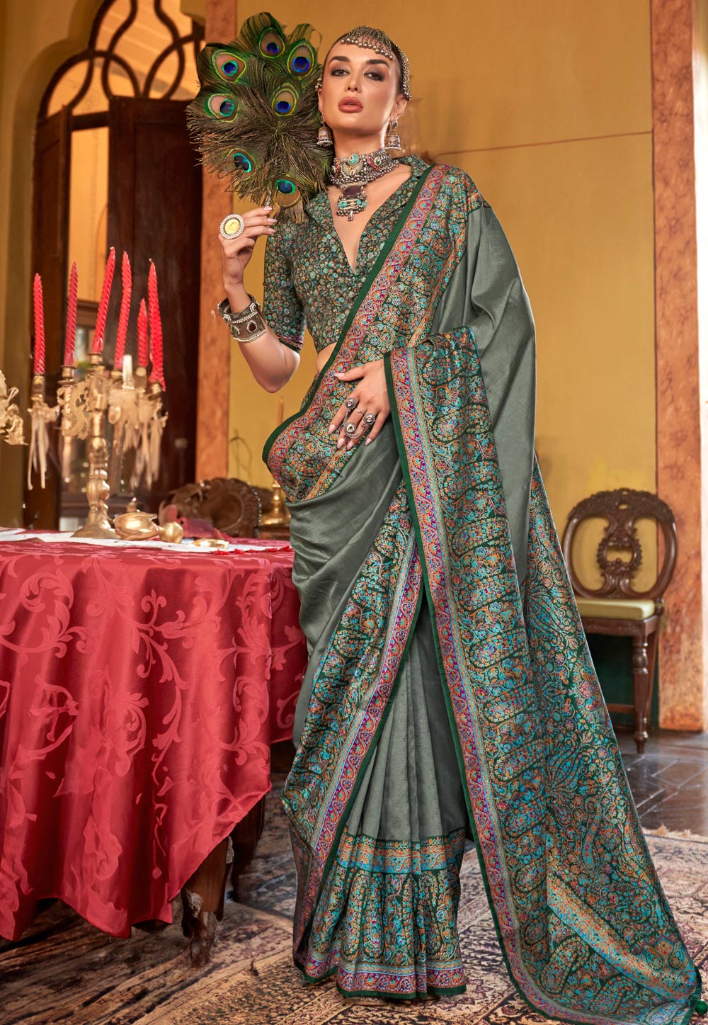 Camo Green Silk Saree With Blouse 309795