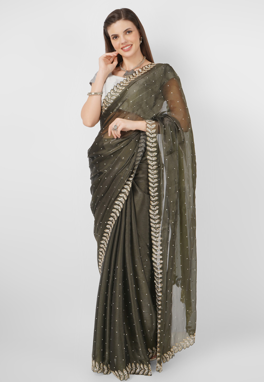 Camo Green Silk Saree With Blouse 286022