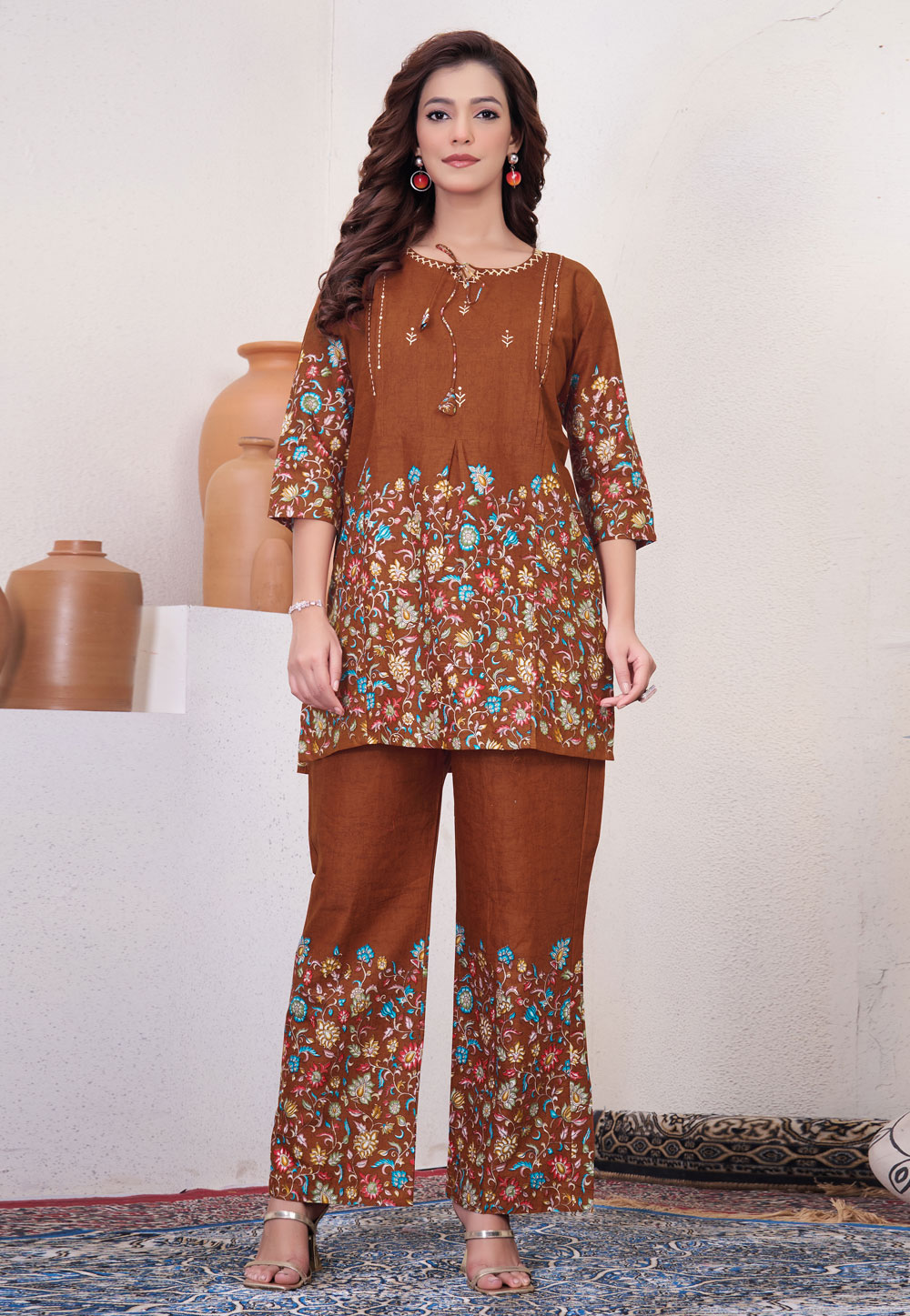 Coffee Cotton Printed Co-Ords Set 321421