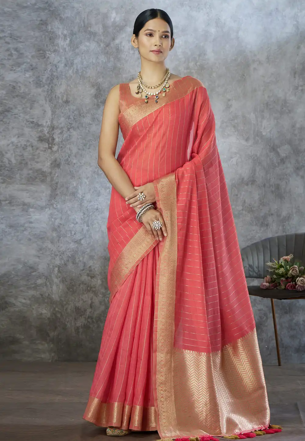 Coral Cotton Silk Saree With Blouse 325881