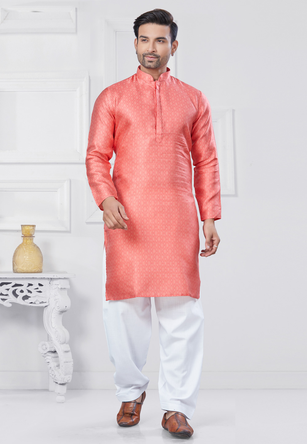 Coral Pink Jacquard Silk Pathani Suit 307351