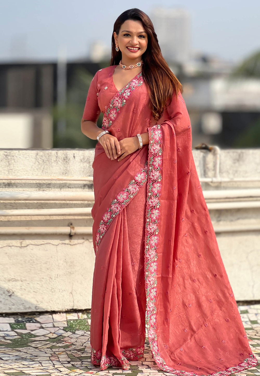 Coral Pink Silk Saree With Blouse 323538