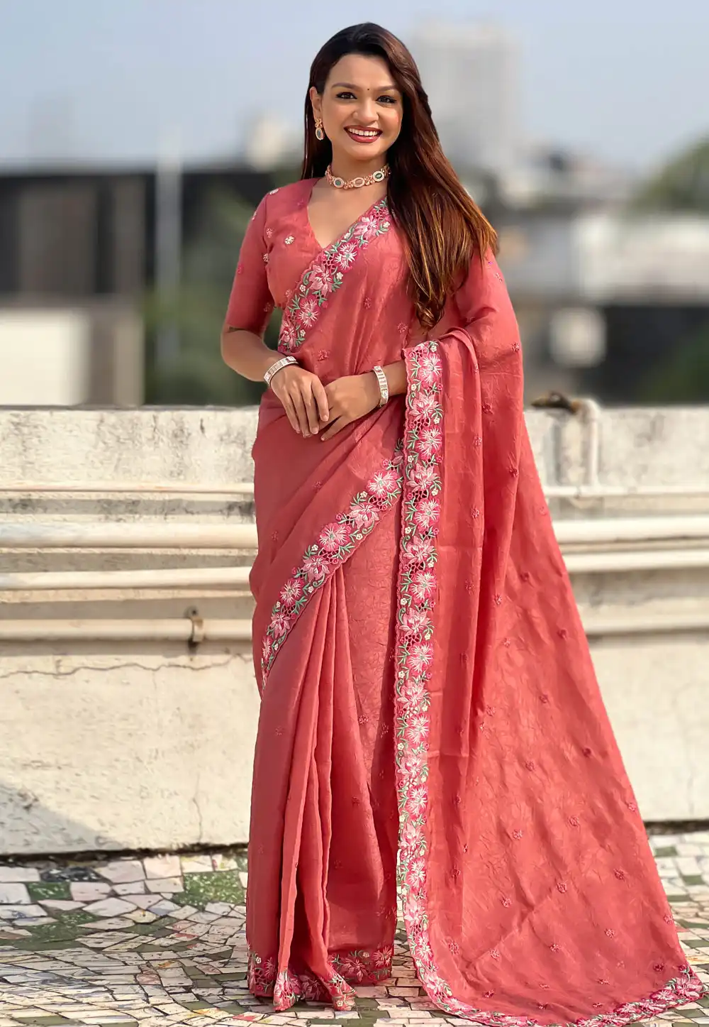 Coral Pink Silk Saree With Blouse 323538