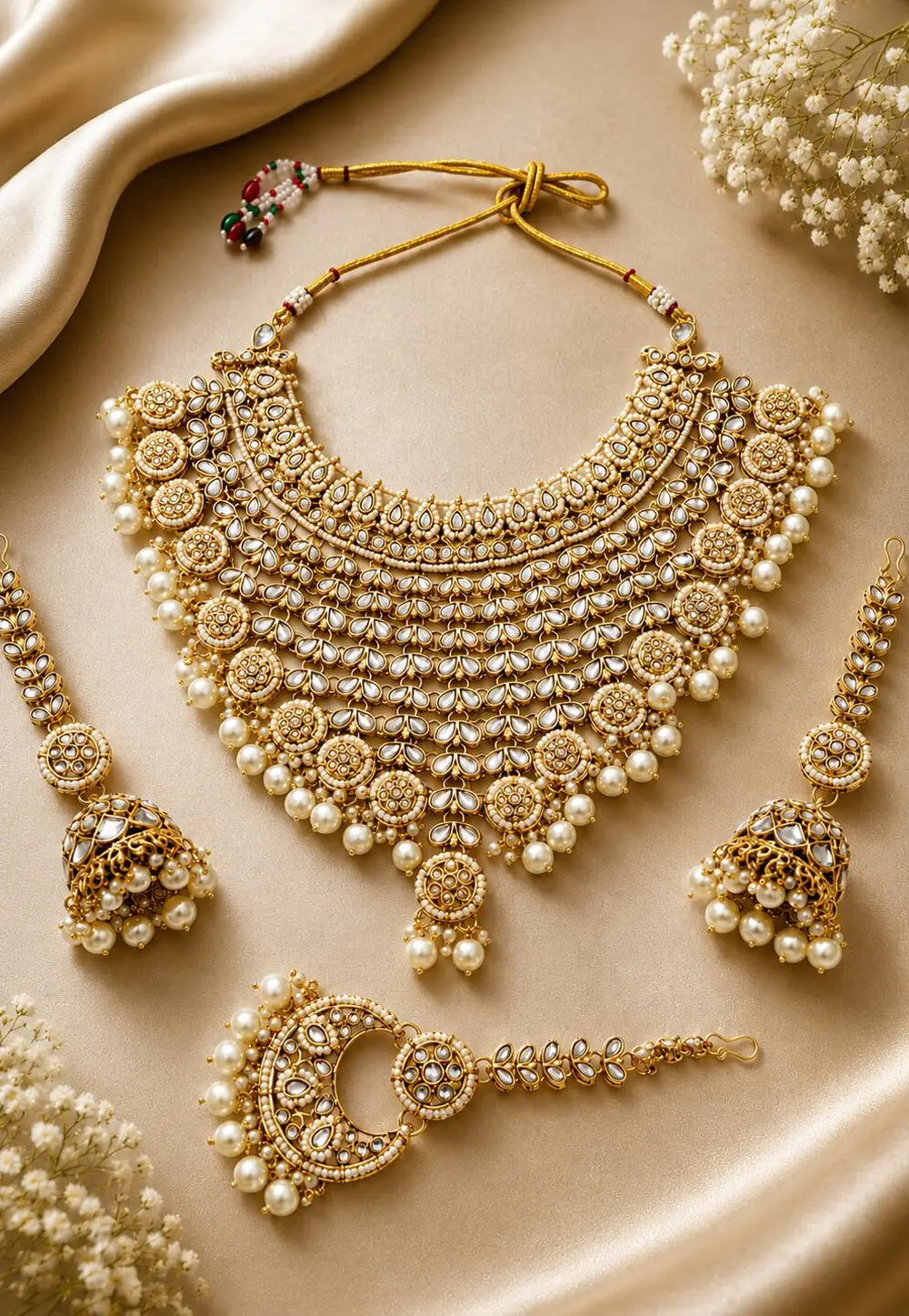 Cream Alloy Necklace Set With Earrings and Maang Tikka 333626