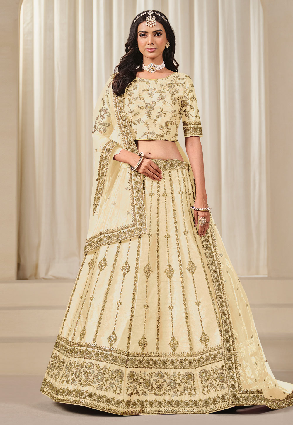 Cream Art Silk A Line Lehenga Choli 312862