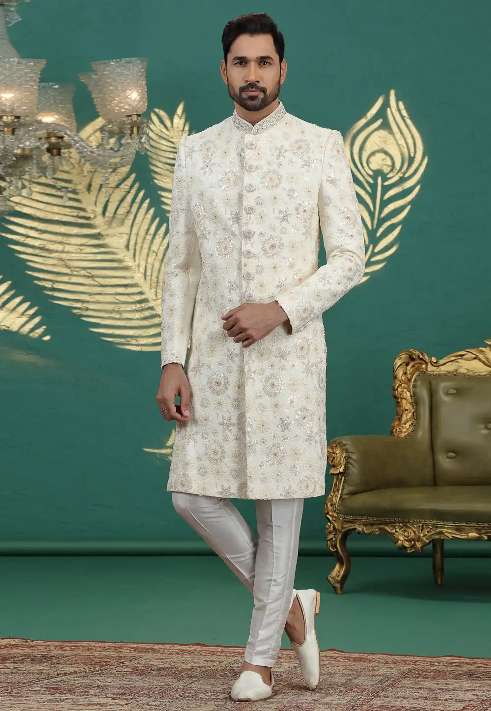 Cream Art Silk Achkan Style Sherwani 319001