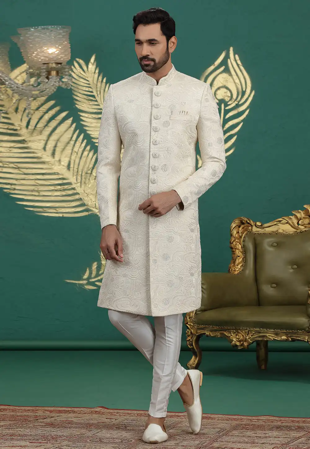 Cream Art Silk Achkan Style Sherwani 319006