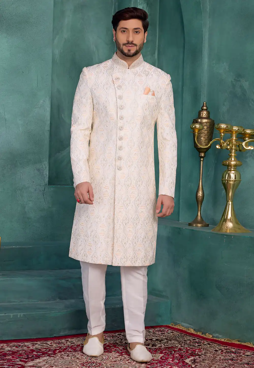 Cream Art Silk Achkan Style Sherwani 327054
