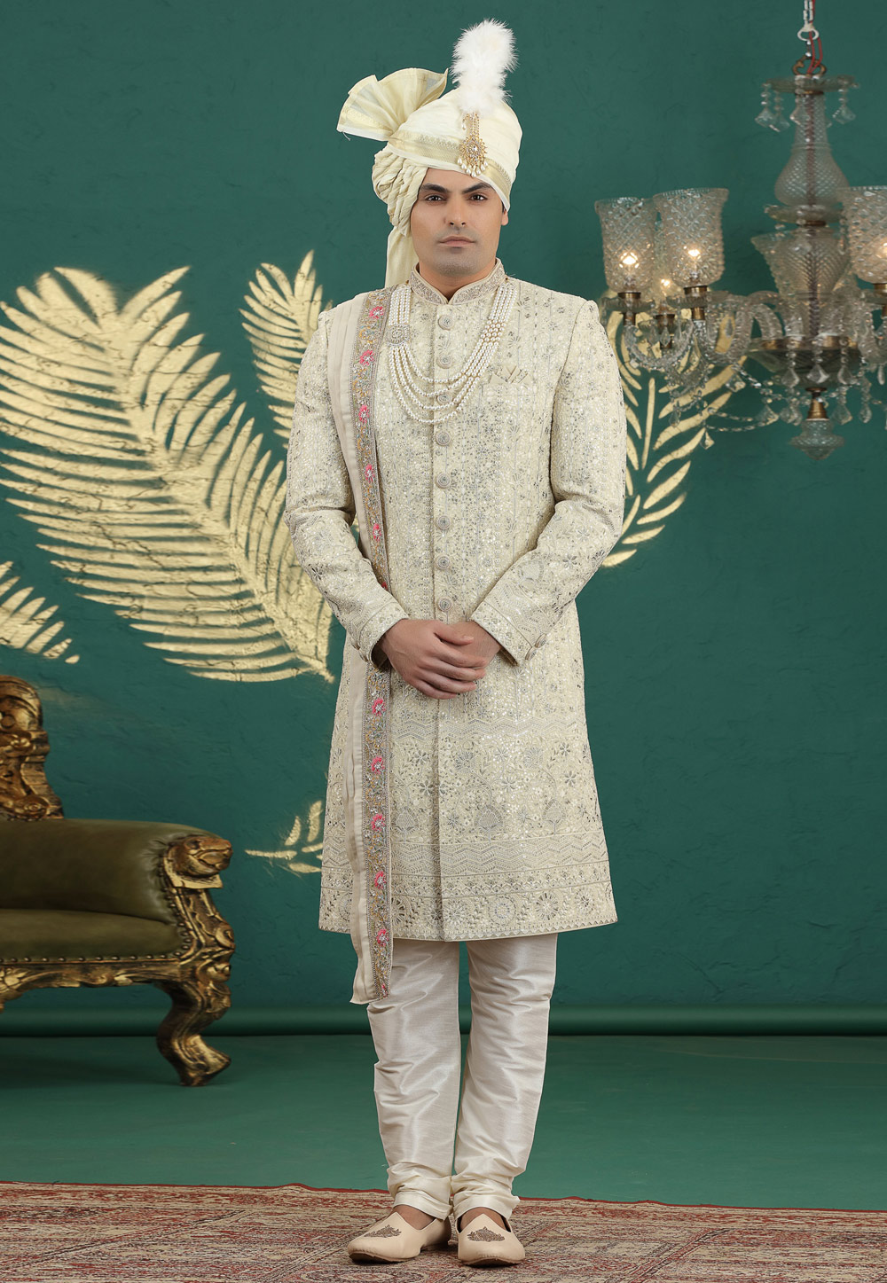 Cream Art Silk Achkan Style Sherwani With Dupatta 318997
