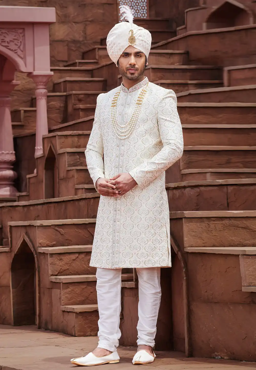 Cream Art Silk Achkan Style Sherwani With Stole 280132
