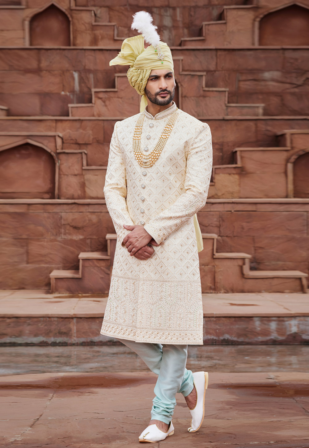 Cream Art Silk Achkan Style Sherwani With Stole 280136
