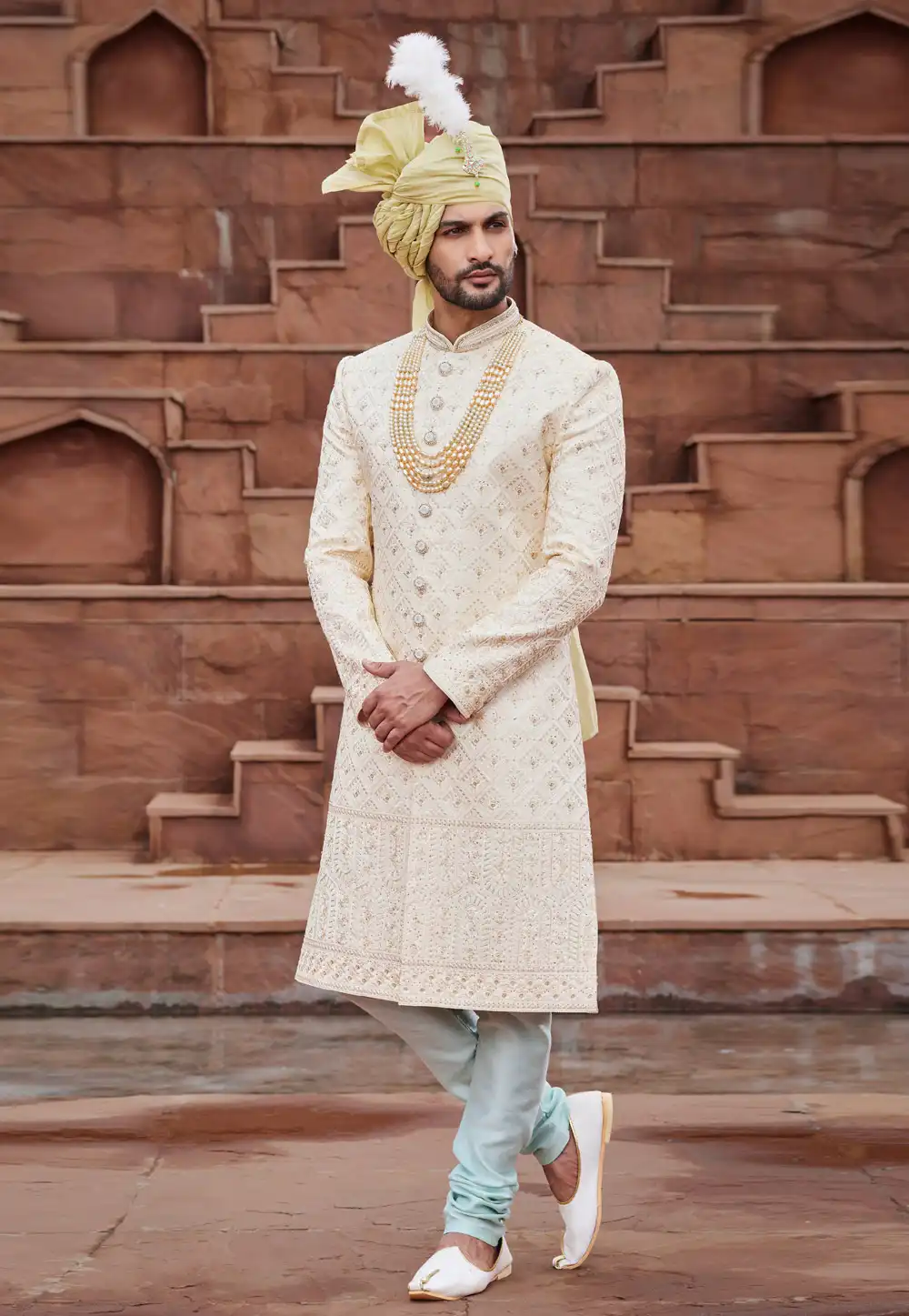 Cream Art Silk Achkan Style Sherwani With Stole 280136