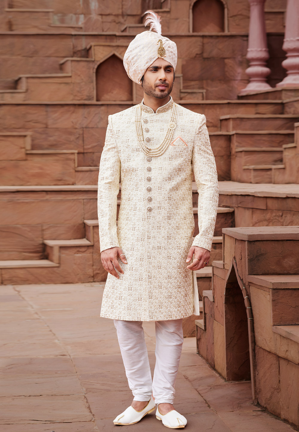 Cream Art Silk Achkan Style Sherwani With Stole 280138