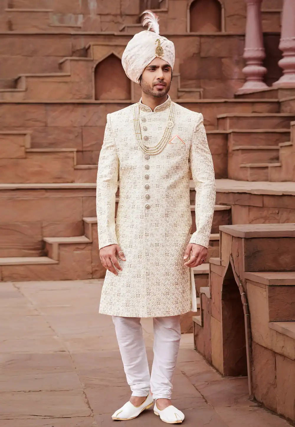 Cream Art Silk Achkan Style Sherwani With Stole 280138