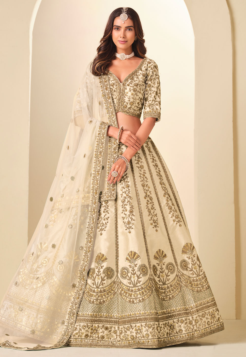 Cream Art Silk Circular Lehenga Choli 323515
