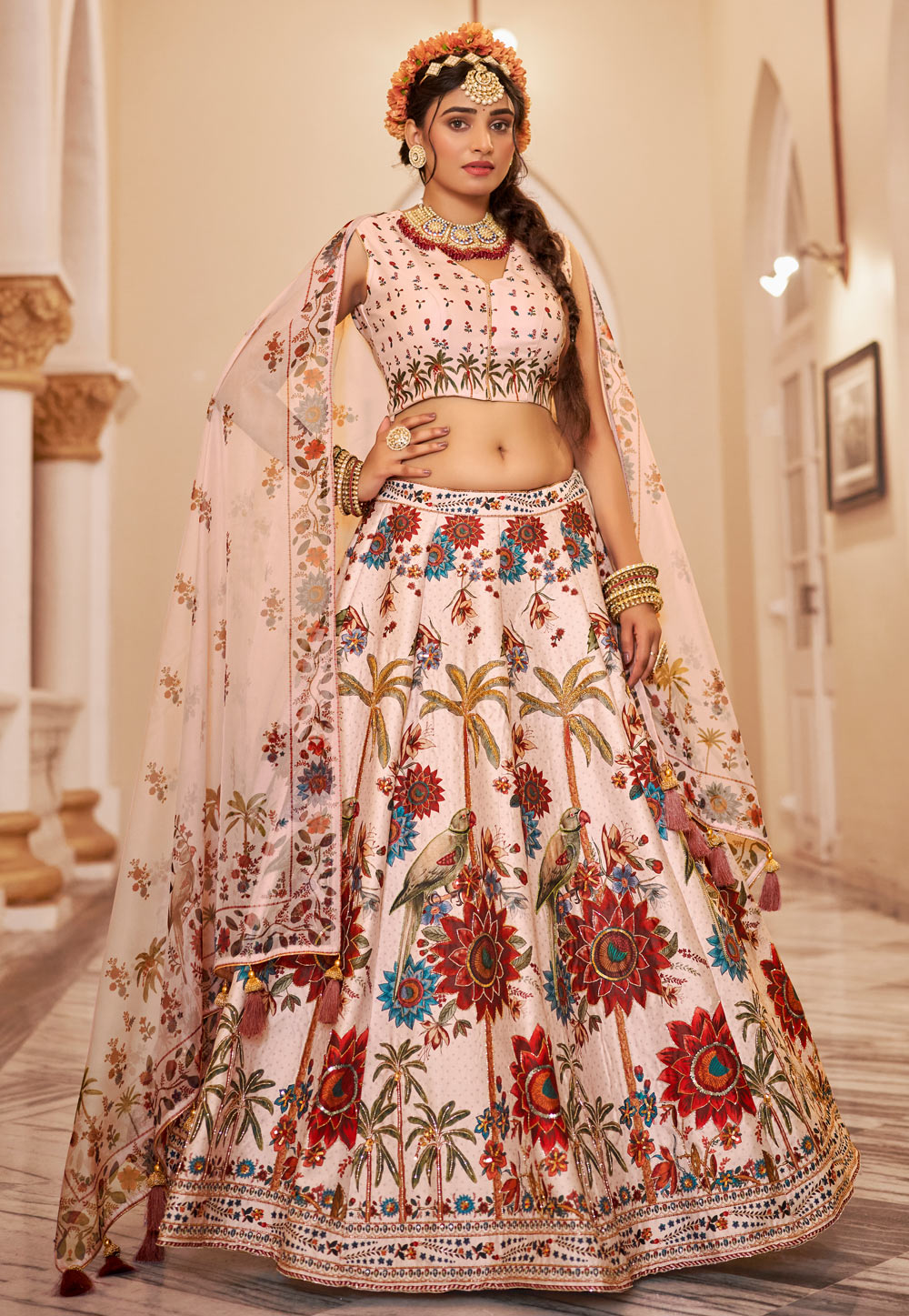 Cream Art Silk Floral print Lehenga choli 307504
