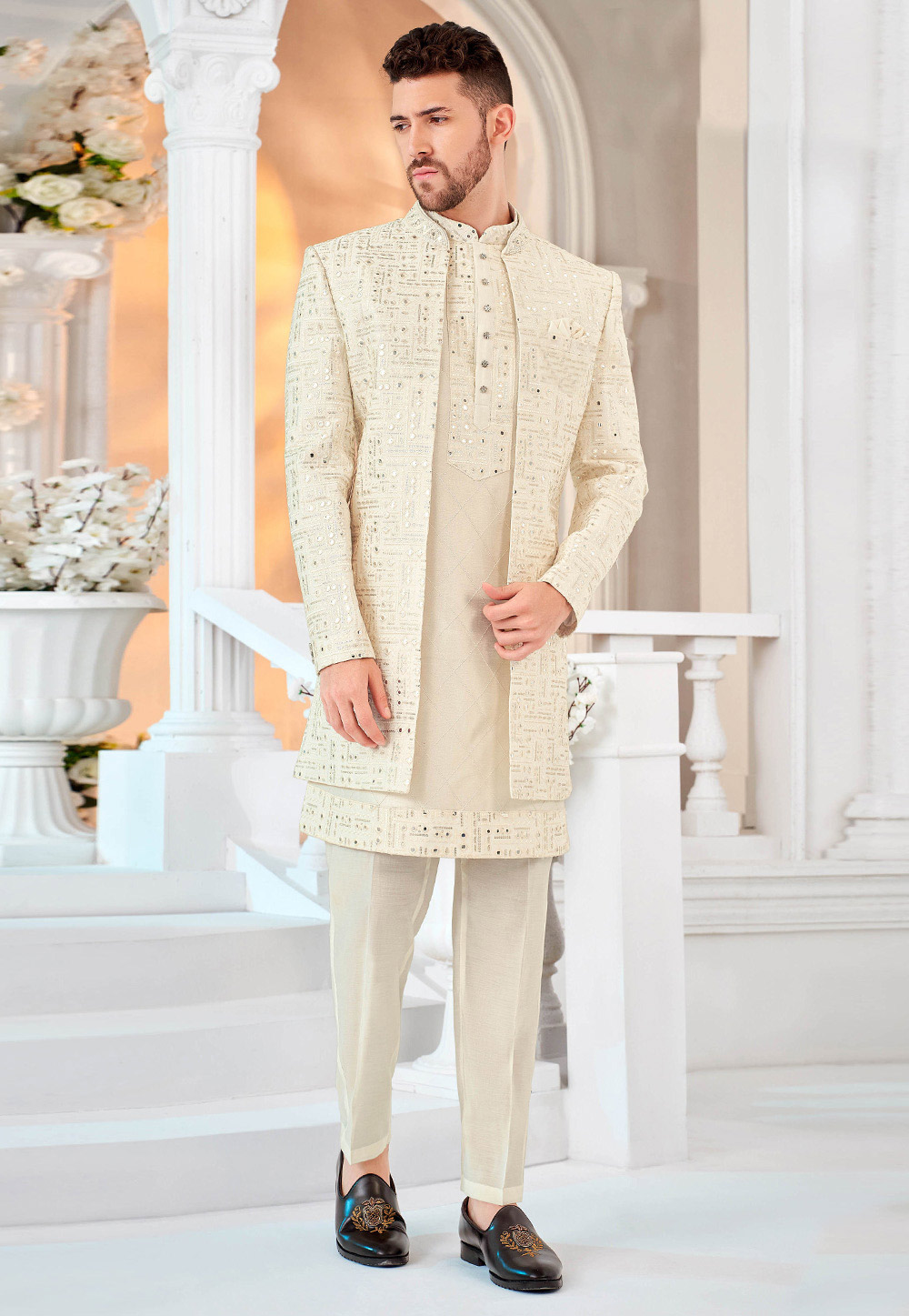 Cream Art Silk Jacket Style Sherwani 313799