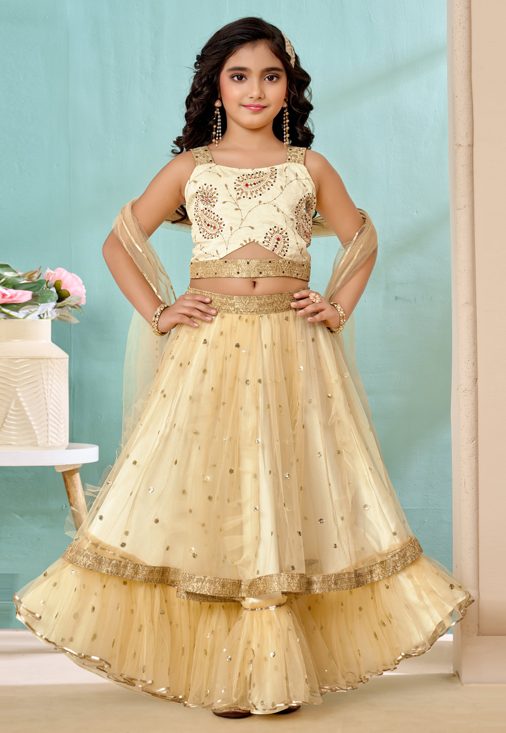 Cream Art Silk Kids Lehenga Choli 325188