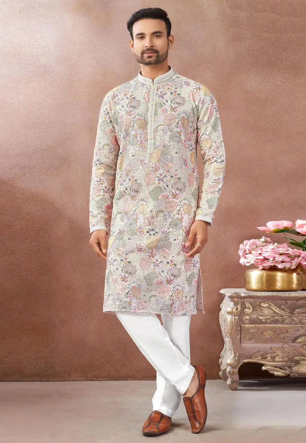 Cream Art Silk Kurta Pajama 322472