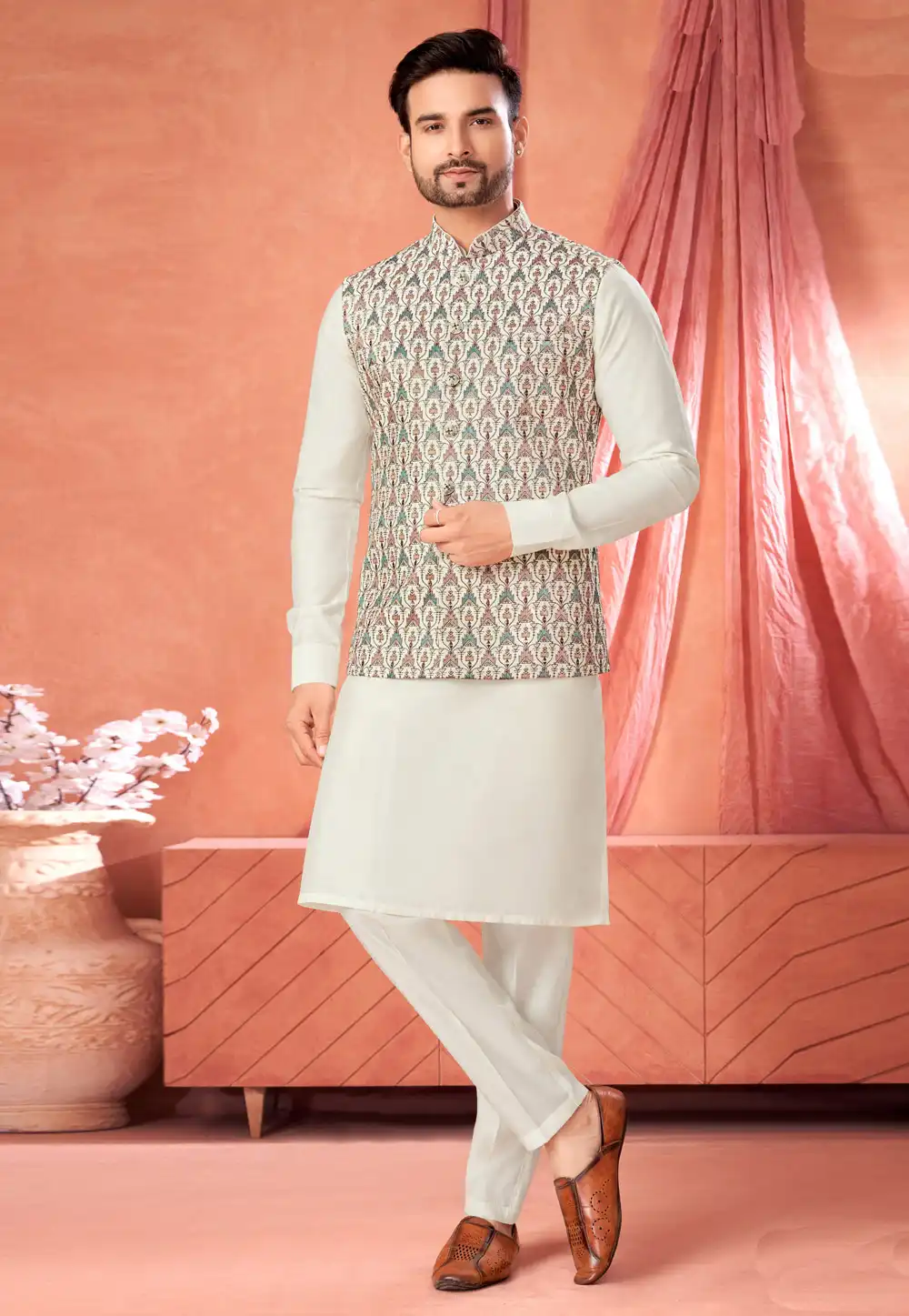 Cream Art Silk Kurta Pajama With Jacket 322294