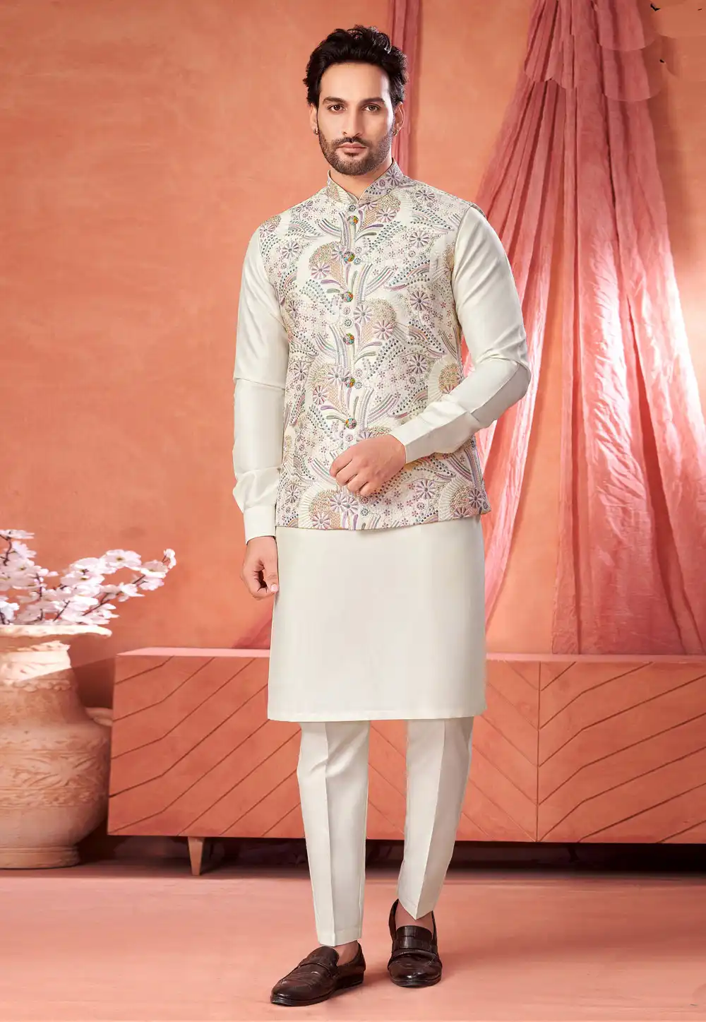 Cream Art Silk Kurta Pajama With Jacket 322307