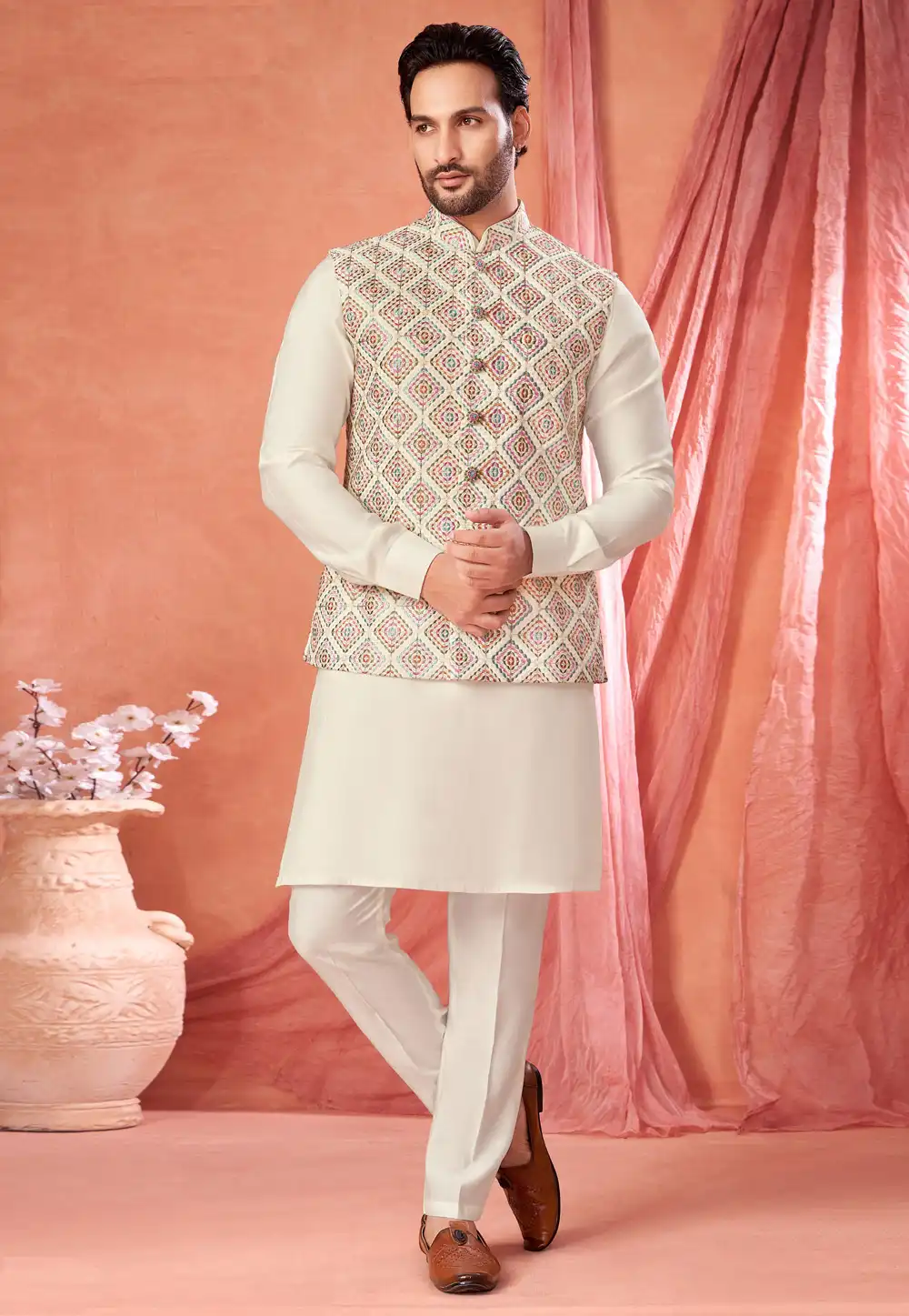 Cream Art Silk Kurta Pajama With Jacket 322314