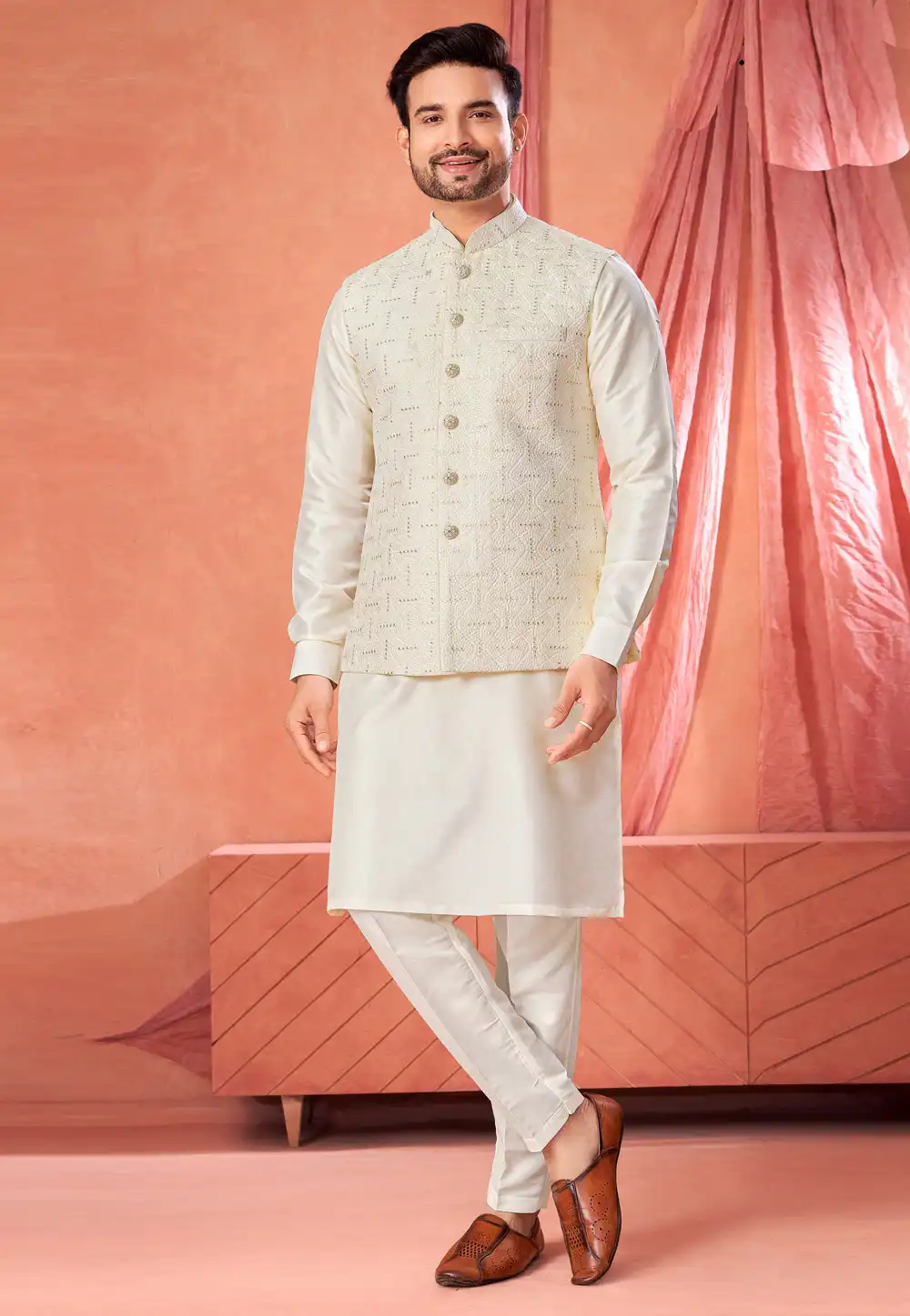 Cream Art Silk Kurta Pajama With Jacket 322337