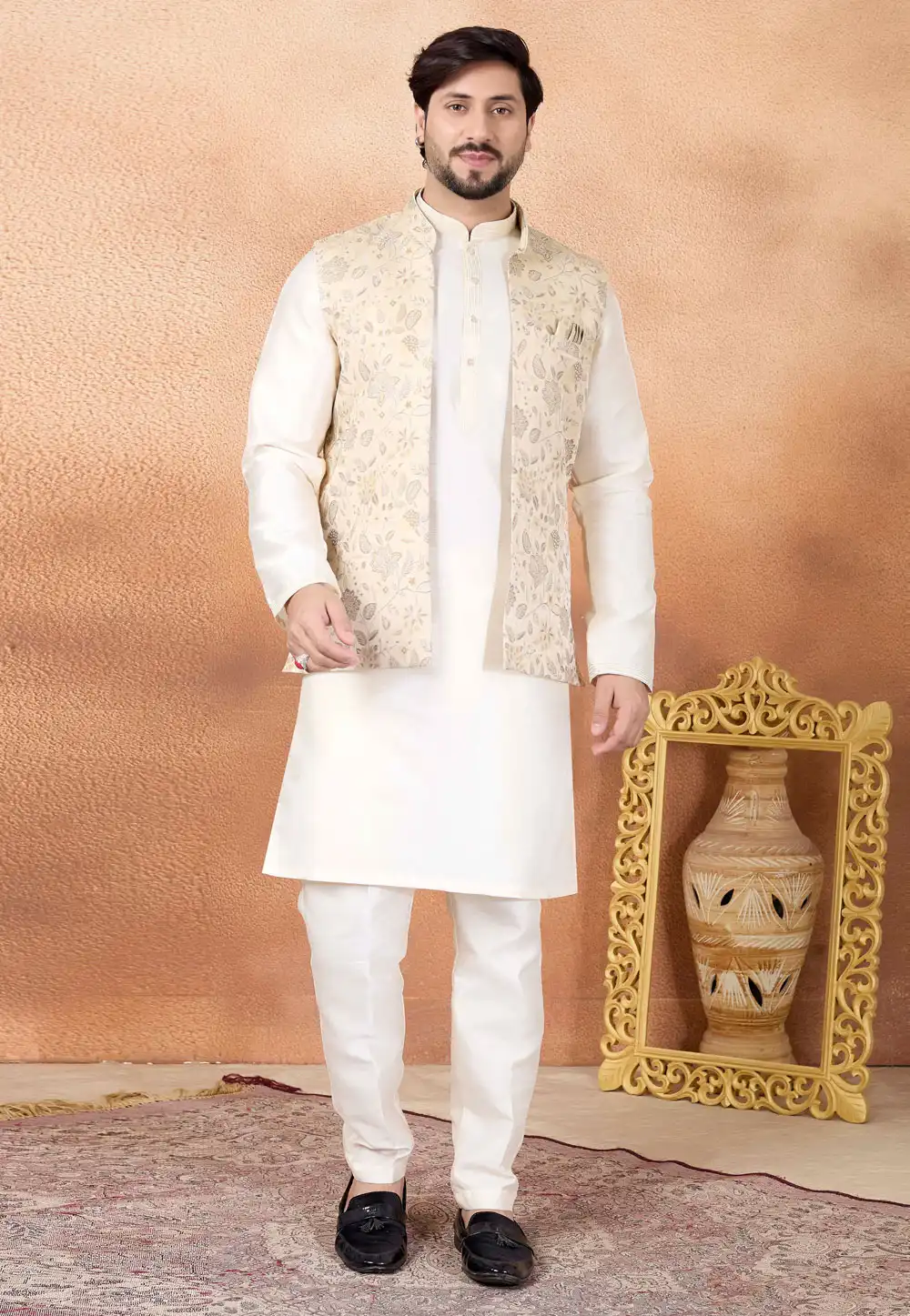 Cream Art Silk Kurta Pajama With Jacket 323379