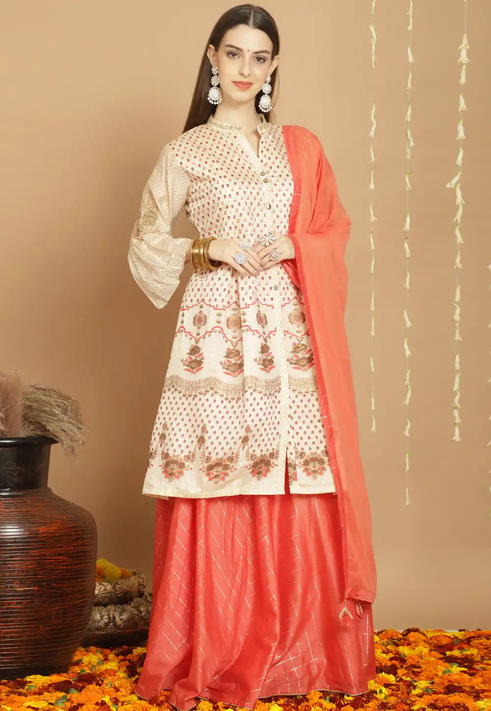 Cream Art Silk Palazzo Suit 288004