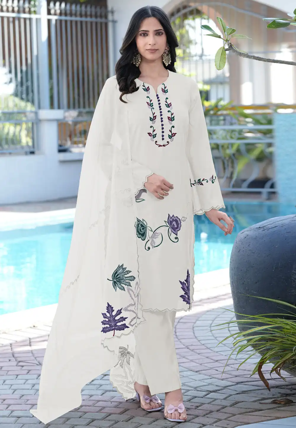 Cream Art Silk Readymade Pakistani Suit 325025