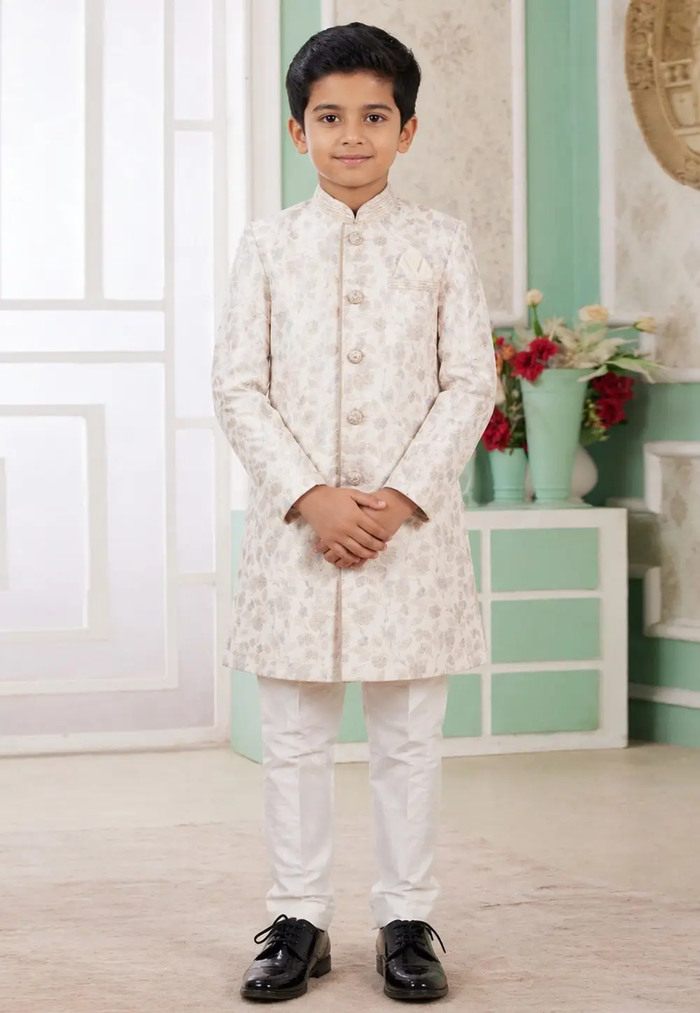 Cream Banarasi Jacquard Boys Indo Western Suit 335779