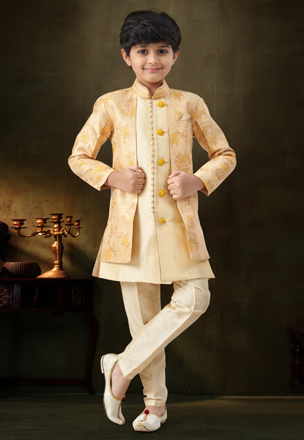 Cream Banarasi Jacquard Kids Indo Western Suit 324260