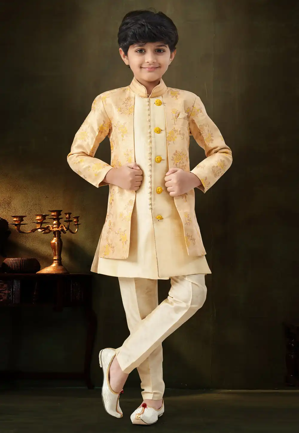 Cream Banarasi Jacquard Kids Indo Western Suit 324260