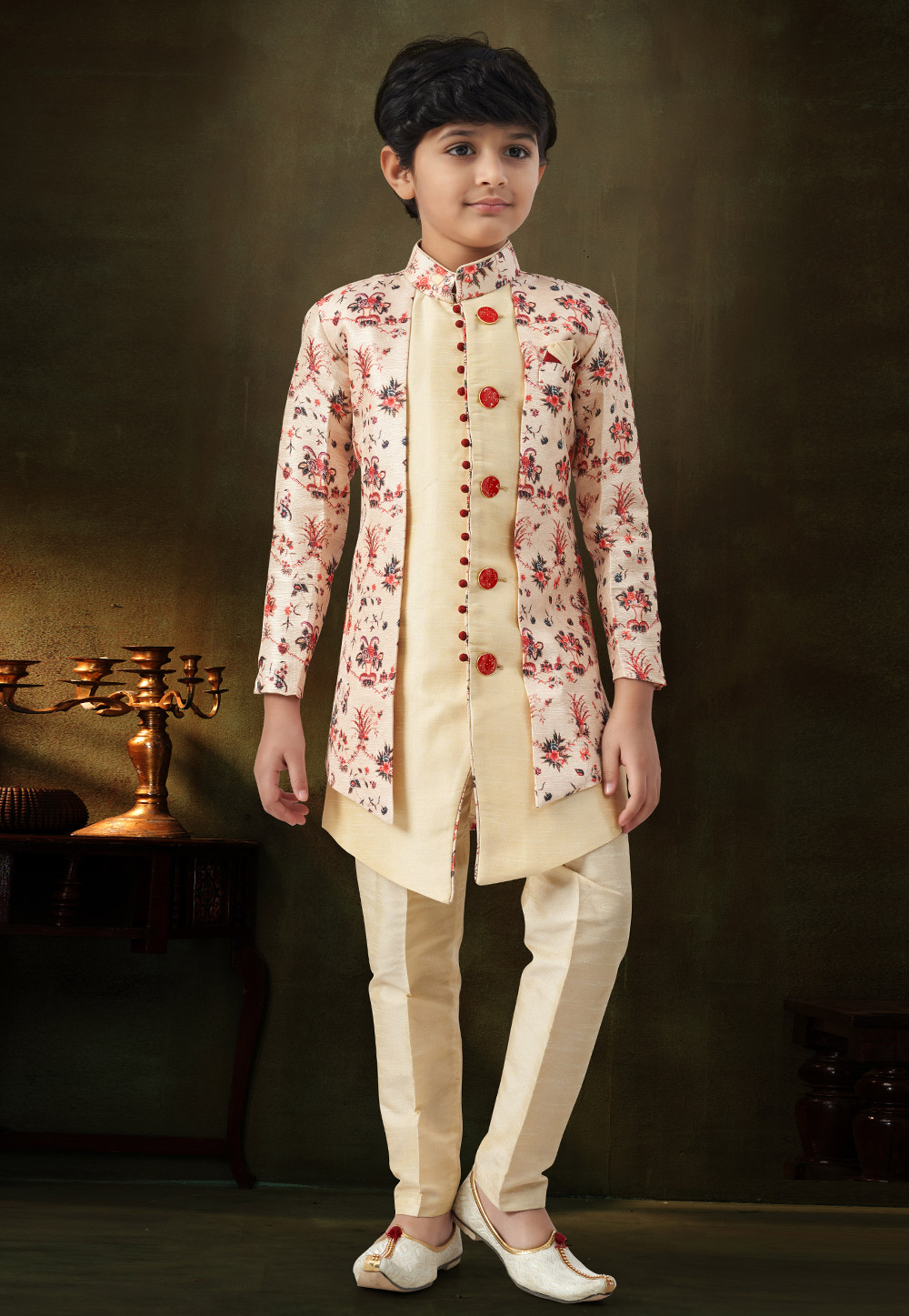 Cream Banarasi Jacquard Kids Indo Western Suit 324272